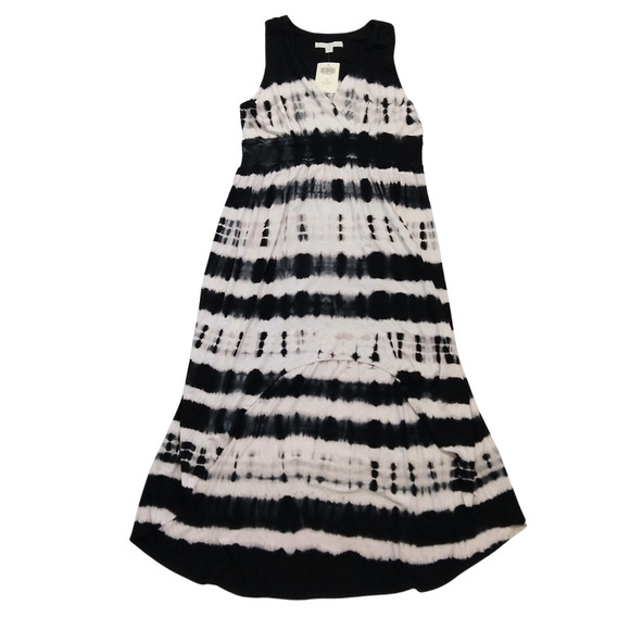 Boston Proper Black Tie Dye Hi Low Midi Dress Size XL NWT Stripe Jersey Knit - Picture 1 of 7